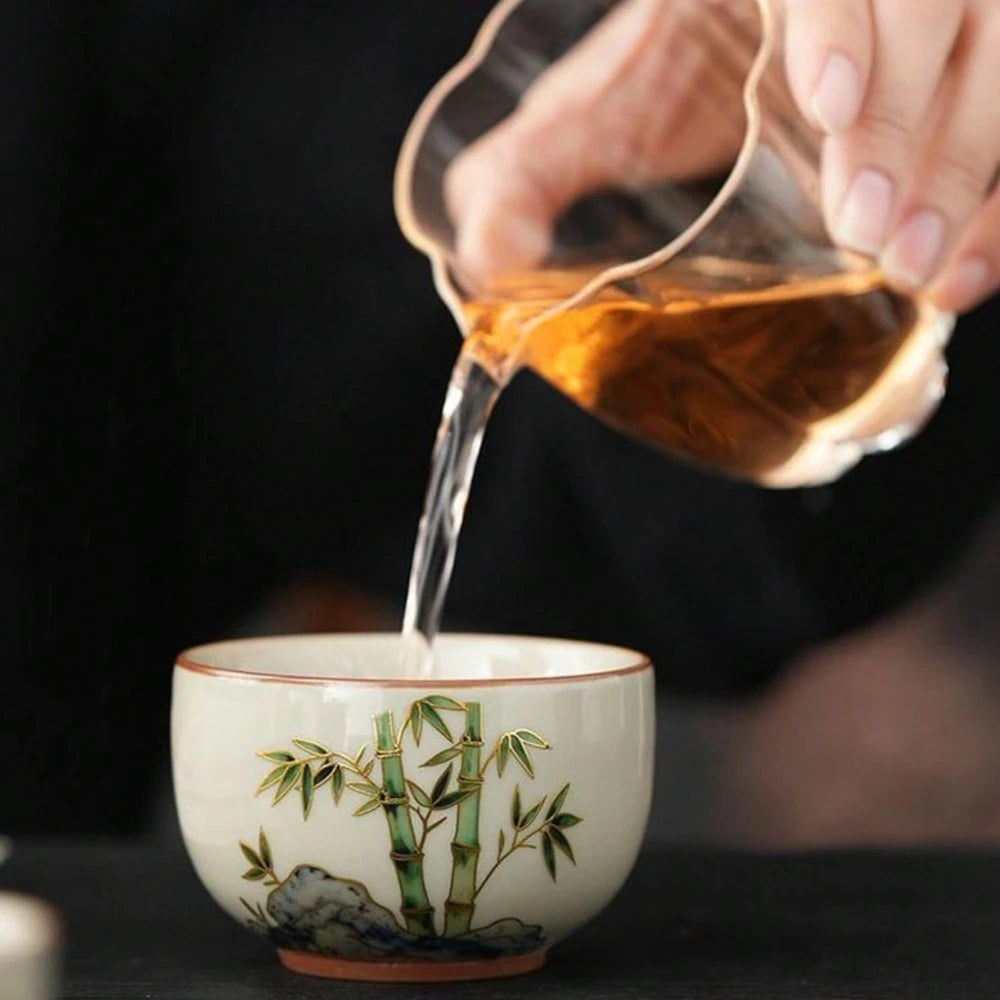 Bamboo Pattern Gold Rim Ceramic Tea Cups Hand-Painted Small Gongfu Teacups Premium Stoneware Drinking Cups for Home Office Gifts Oasis Select