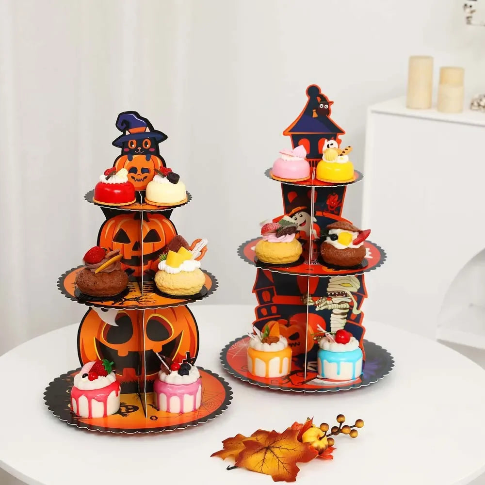 Halloween Hand-folded Assembled Cake Stand Holiday Party Decoration Paper Three-layer Dessert Tray Decoration Oasis Select