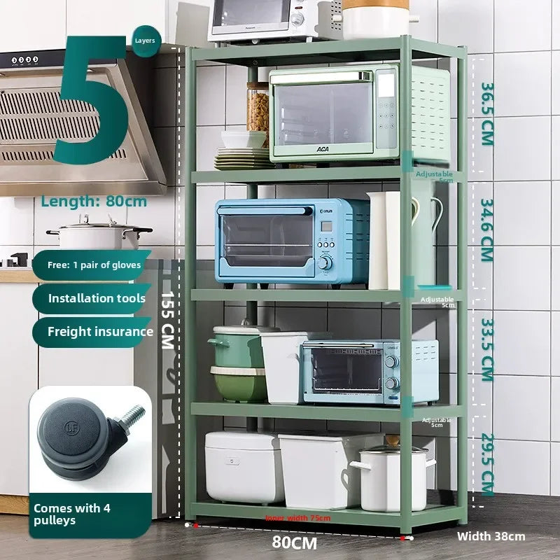 Multi-functional Kitchen storage rack Floor-to-ceiling multi-layer storage rack Stainless steel microwave oven rack Pot rack Oasis Select Green-5-80