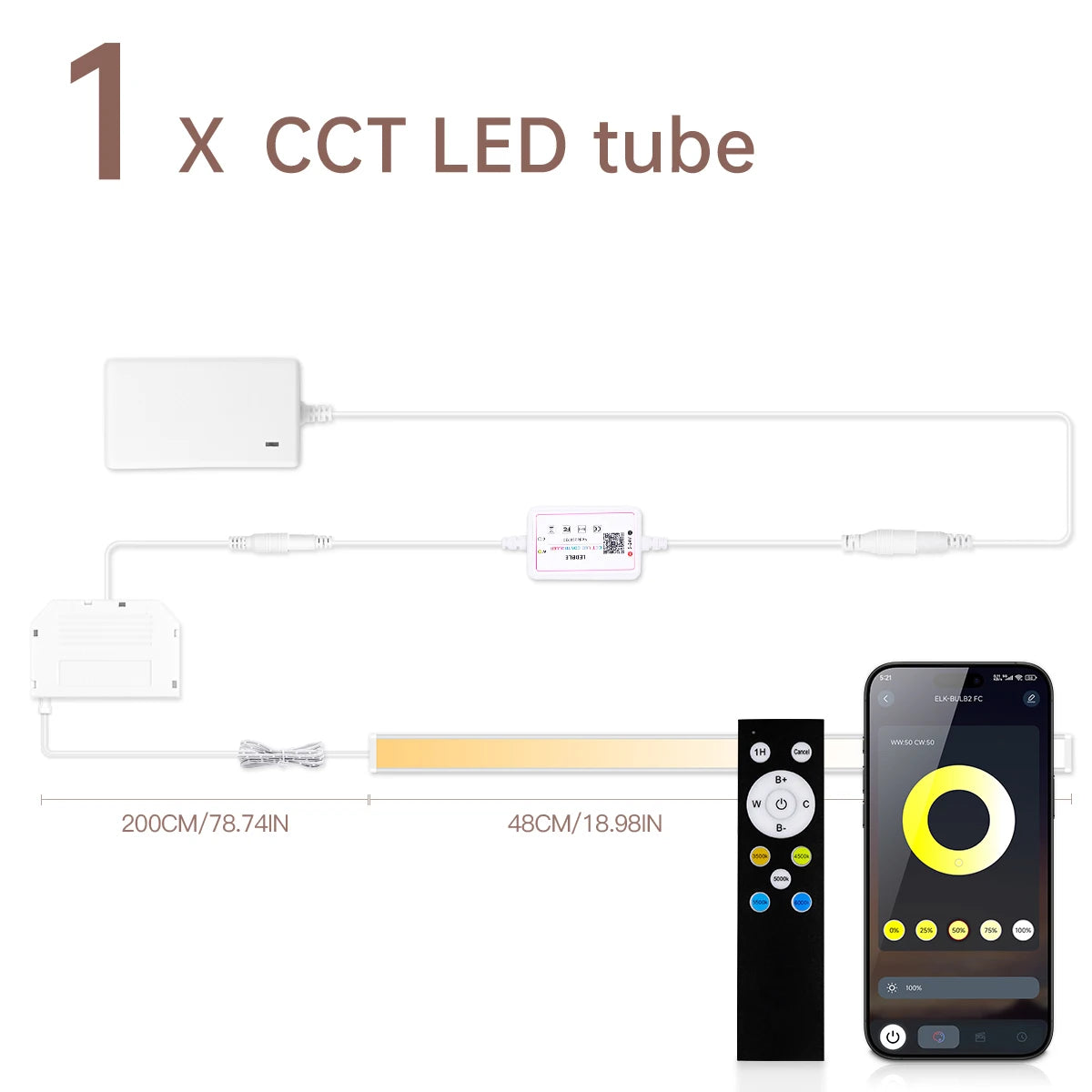 LED Wall Light Tube CCT Adjustable in 6 colors,Remoter/Bluetooth Control Brightness Dimming,Ceiling Acoustic Panel Decor Lightin Oasis Select 1PCS LED Wall Light USA Power Plug 2700K-6500K