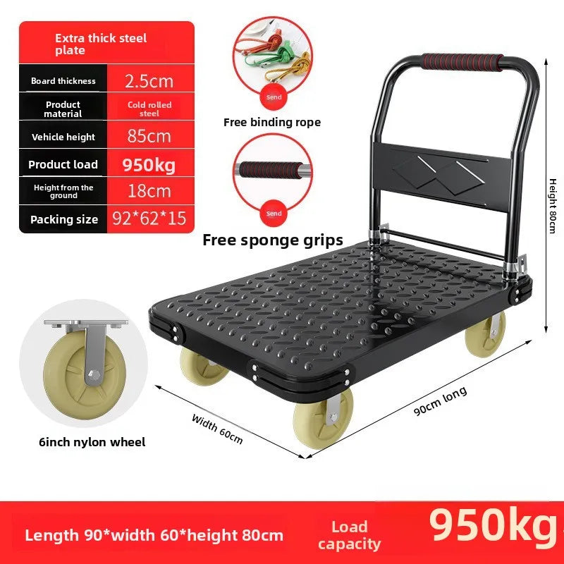 Steel plate pulling trolley trolley trolley handling thickened foldable portable silent trailer pulling flat truck Oasis Select 90-60-6-B