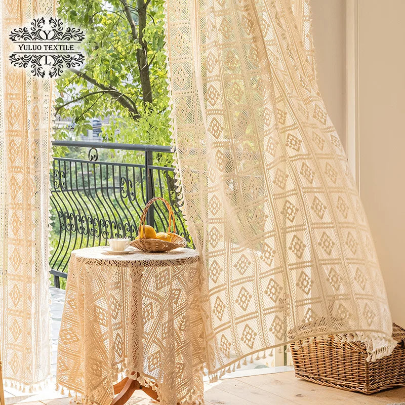 Cotton crochet hollowed out woven curtain American rural retro cotton linen lace tassel gauze curtain window curtain Oasis Select