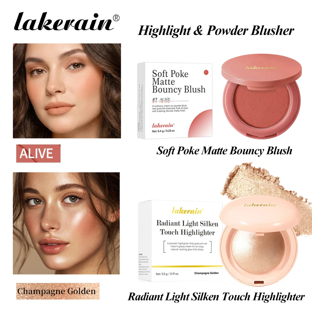 Matte Blush & Silken Touch Highlighter Set Smooth Texture Non-Flying Powder Fine Pearl Glow Waterproof Long Lasting Face Makeup Oasis Select A