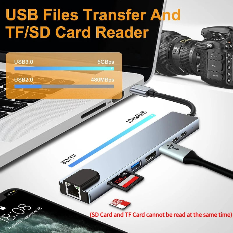 USB C HUB 8in1 Type C 3.0 to HDMI-compatible Docking Station PD Fast Charge 4K HDMI Adapter Splitter For MacBook Phone Computer Oasis Select