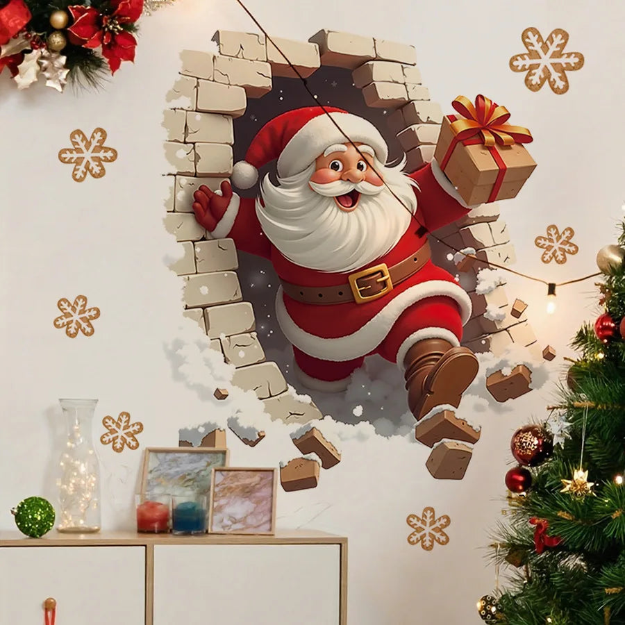 HS1787Q Three-dimensional Wall-breaking Effect Santa Claus in The Snow Gift Self-adhesive Wall Sticker for Holiday Decoration Oasis Select