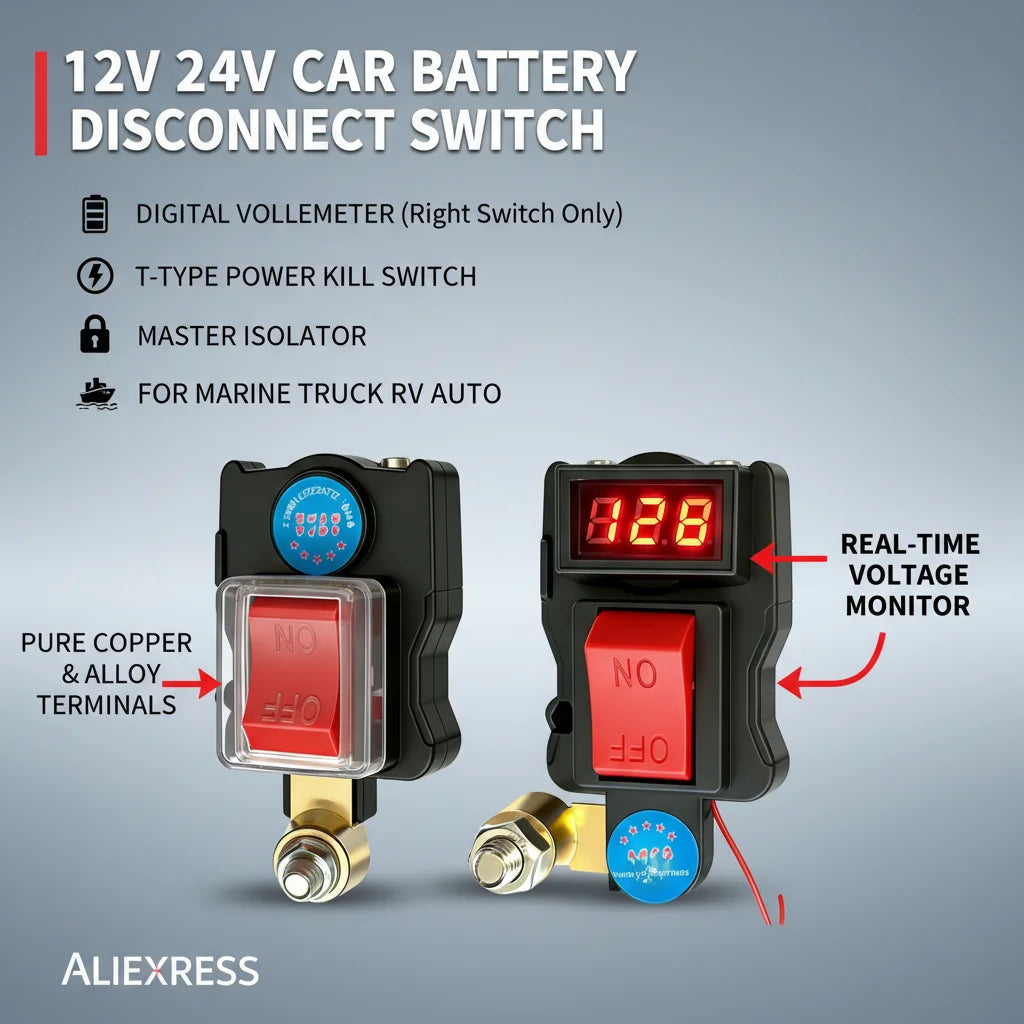 12V 24V Battery Disconnect Switch with Digital Voltmeter | T-Type