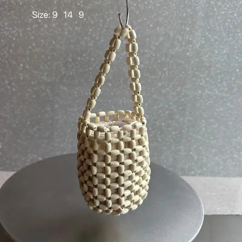 Retro Handmade Wooden Bead Woven Bucket Bag Creative Handbag Women Mini Hollow Bucket Bag Summer Wrist Bag Oasis Select A1