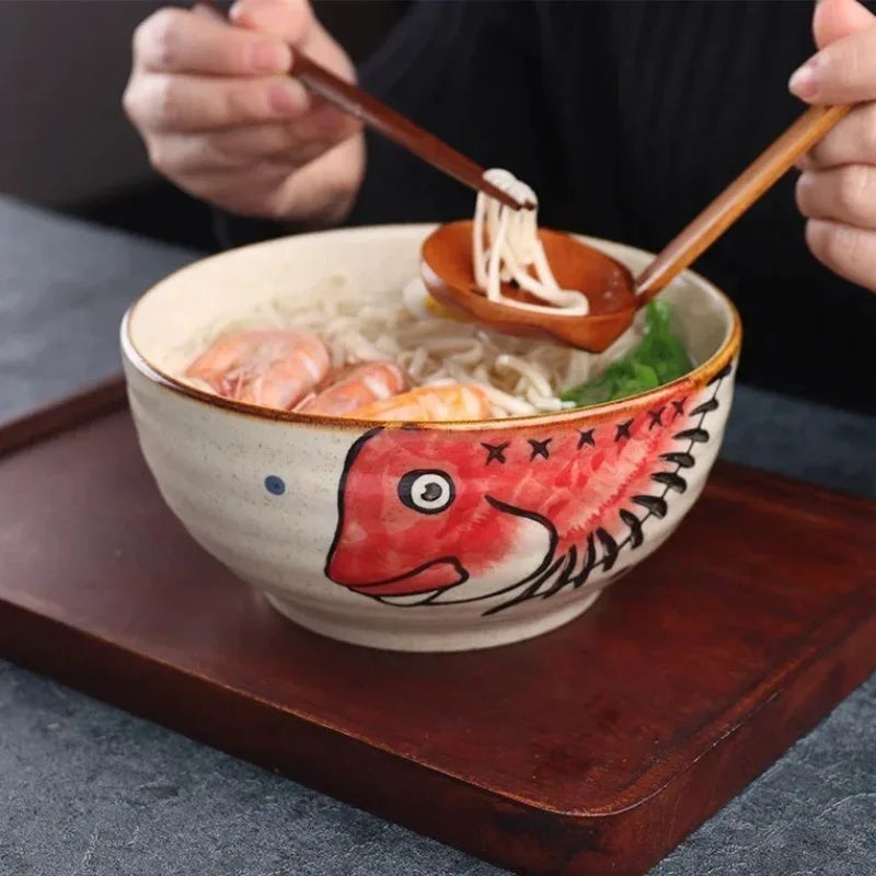 Japanese-style Cartoon Cat Fish Printed Rice Bowls Hand Drawn Animal Pattern Tableware Food Container For Home Daily Dining Oasis Select