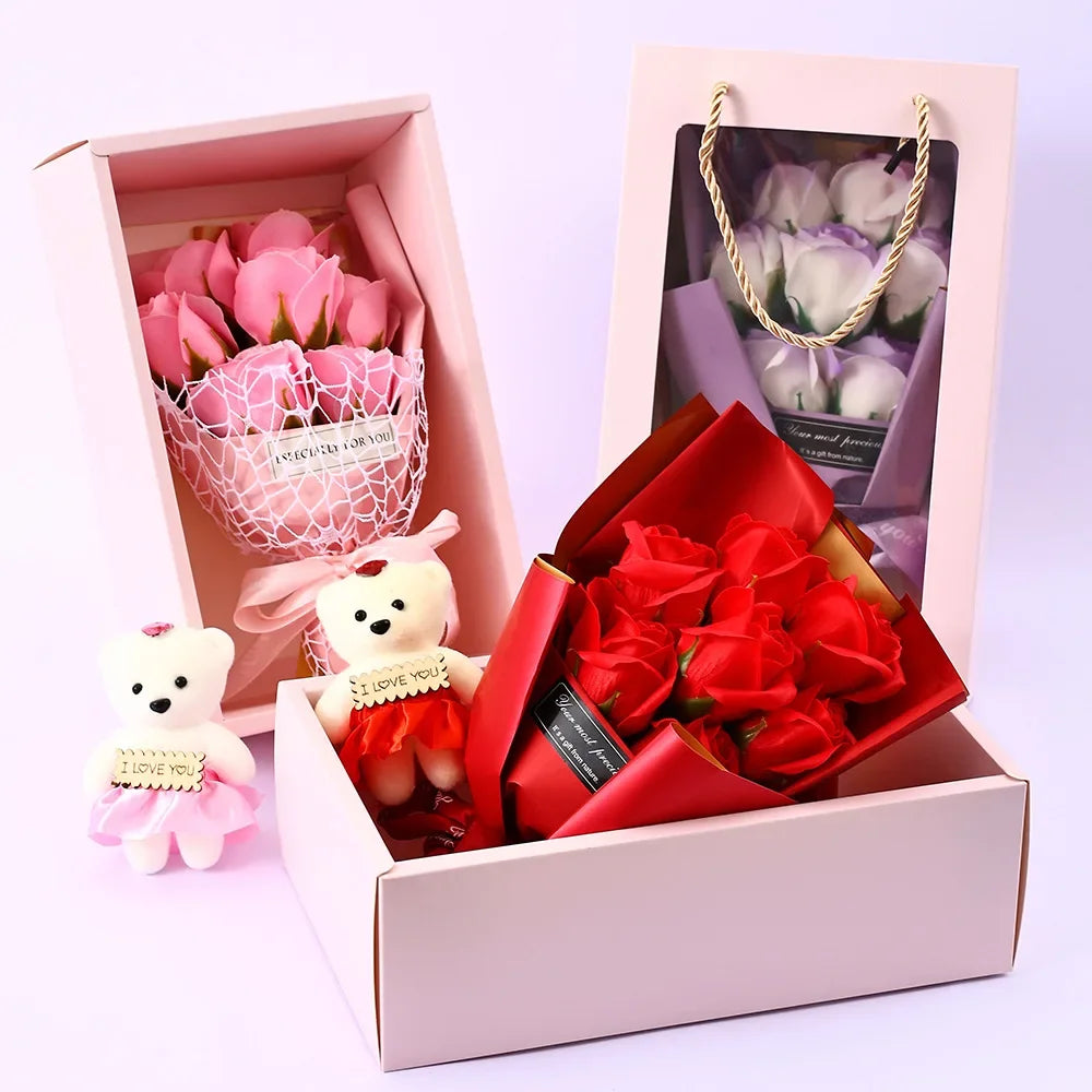 Romantic Fake Rose Bouquet in Gift Box with Cute Teddy Bear Premium Soap Flower Arrangement Perfect Gift for Valentine's Day Oasis Select