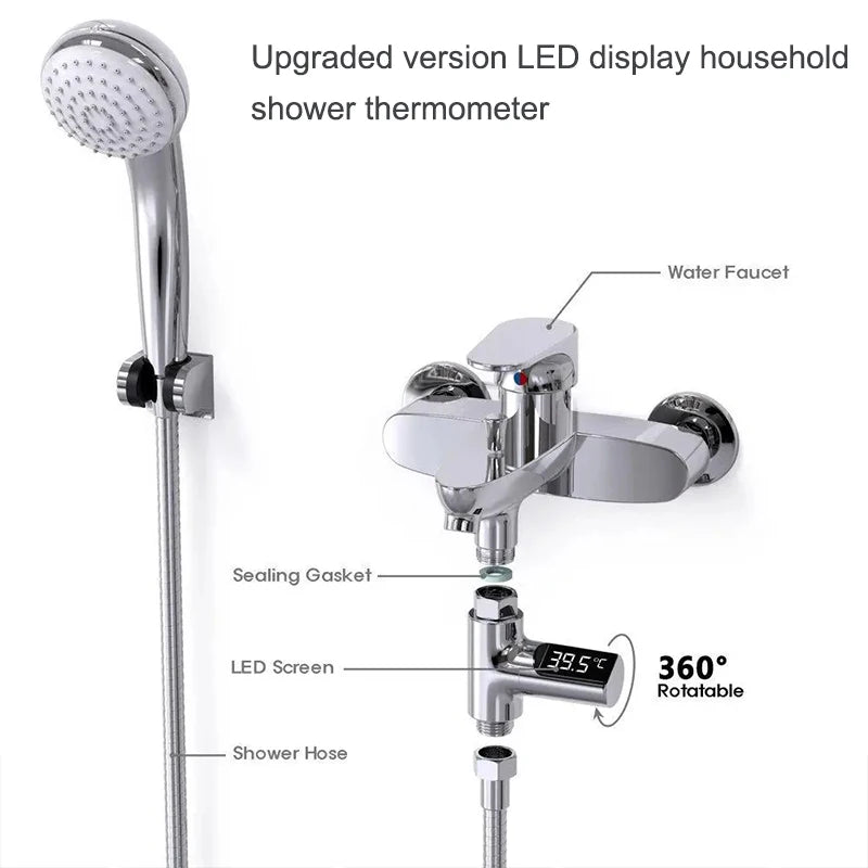 LED Display Household Water Shower Thermometer 5-85℃ Flow Self-powered Water Thermometer Monitoring Baby Care Energy Smart Meter Oasis Select