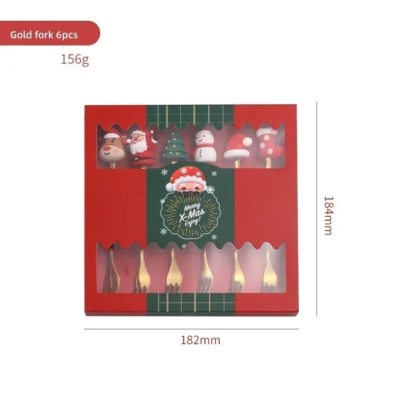 4/6PCS Coffee Spoons and Forks Set Creative Stainless Steel Fruit Fork Coffee Spoon Christmas Gifts for Kids Red/Green Gift Box Oasis Select Golden folk 6pcs