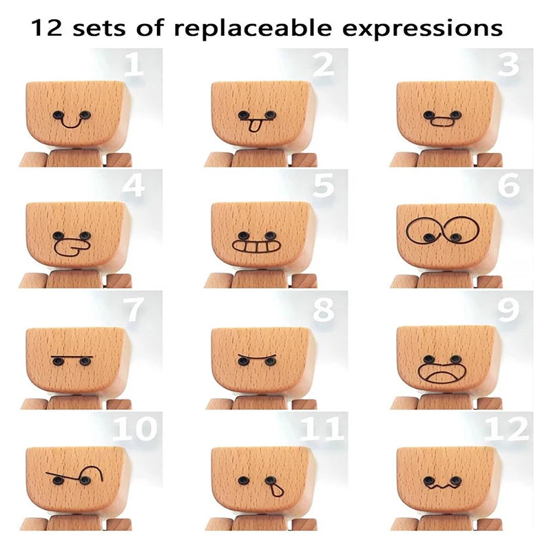 Shaking Wooden Man Figurine With 12 PCS Magnetic Expressions Handmade Shaking Feet Wooden Car Dashboard Decorations Creative Oasis Select