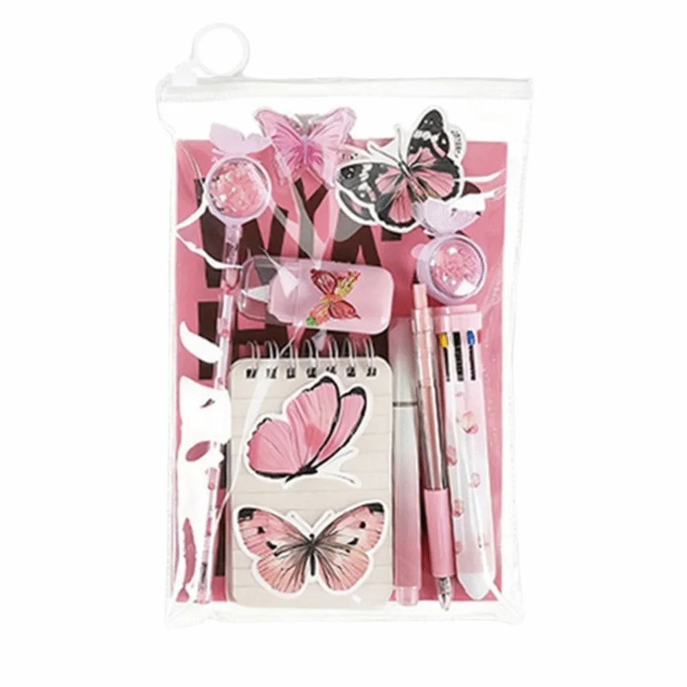9 in 1 Butterfly Stationery Set INS Pencils Erasers Study Stationery Gifts Ballpoint Pen Stickers Student Stationery Set Oasis Select Pink