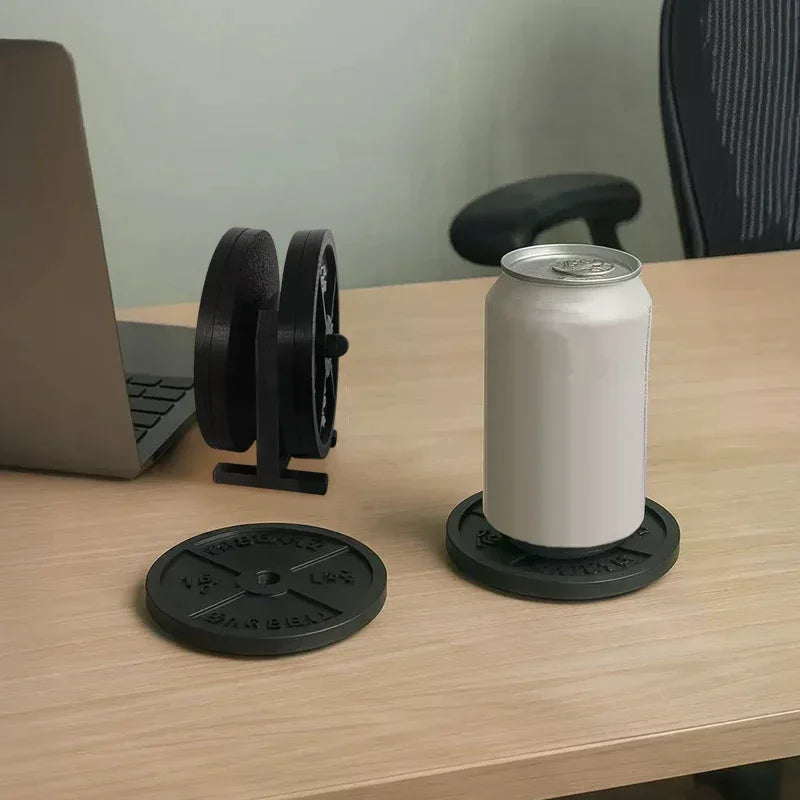 Weight Plate Coaster Set Holder Drink Coaster With Four Black Coasters For Hot Cold Drink For Bar Home Kitchens, Fitness Gyms Oasis Select