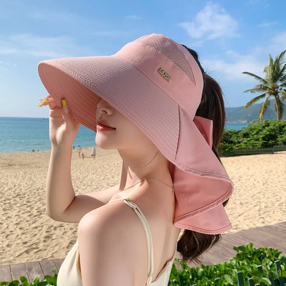 Summer Large Brim Sun Hat Neck Protection Anti-UV Empty Top Ponytail Cap Sun Protection Breathable Beach Shawl Hat Oasis Select Pink