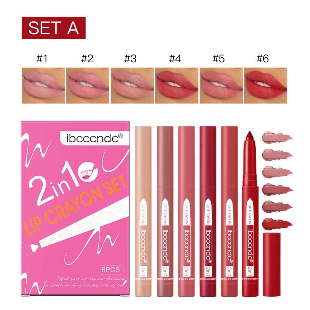 6color/Set Matte Mositurizing Lip Liner Built-In Sharpener Lipliner Pencil 2 In 1 Lip Liner And Lipstick Pen Waterproof Oasis Select Set A