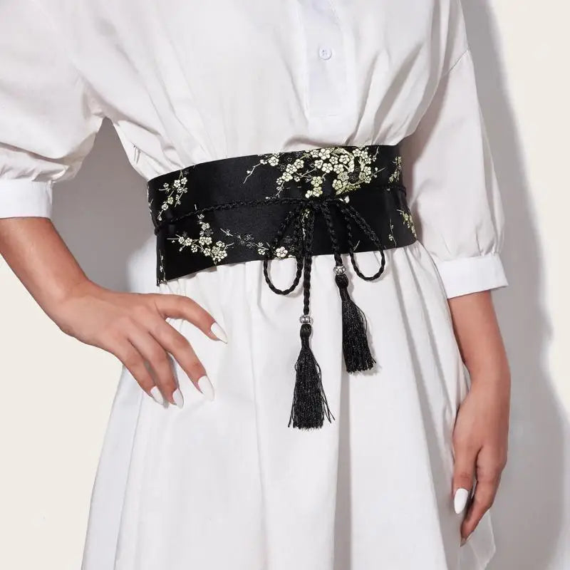 Vintage Floral Embroidered Waistband For Women Elegant Chinese Style Bow Tie Wrap Around Belt With Tassels For Dress Clothing Oasis Select