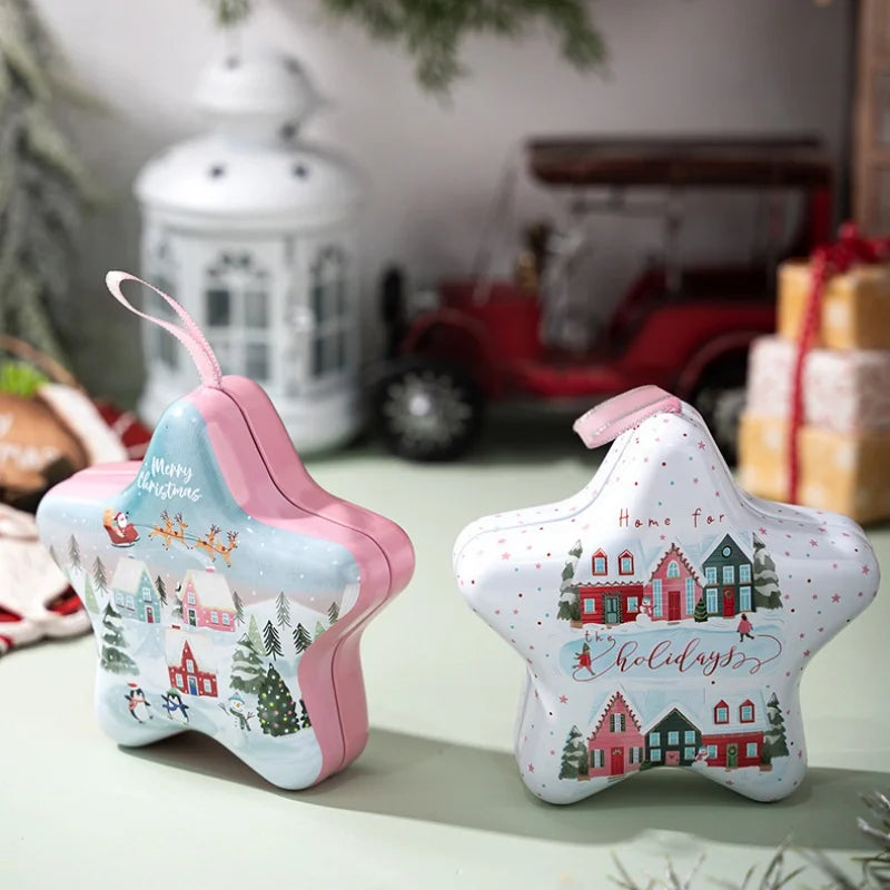 Christmas Tin Box Star Shaped Chocolate Cookies Candy Box With Hanging Rope Christmas Storage Box Ornaments Gifts Oasis Select