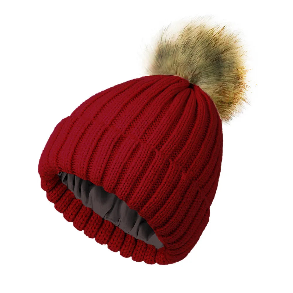 Adult soft knitted hat with no brim, reverse mouth hat, satin lining, wool ball hat, warm knitted hat without label Oasis Select 7