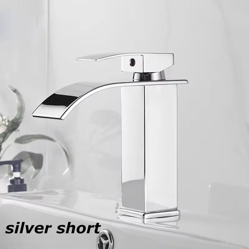 Waterfall Sink Faucet Bathroom Accessories Dual Control of Hot and Cold Bathroom Mixer Tap Washbasin Faucet Set Fixture Home Oasis Select Silver short