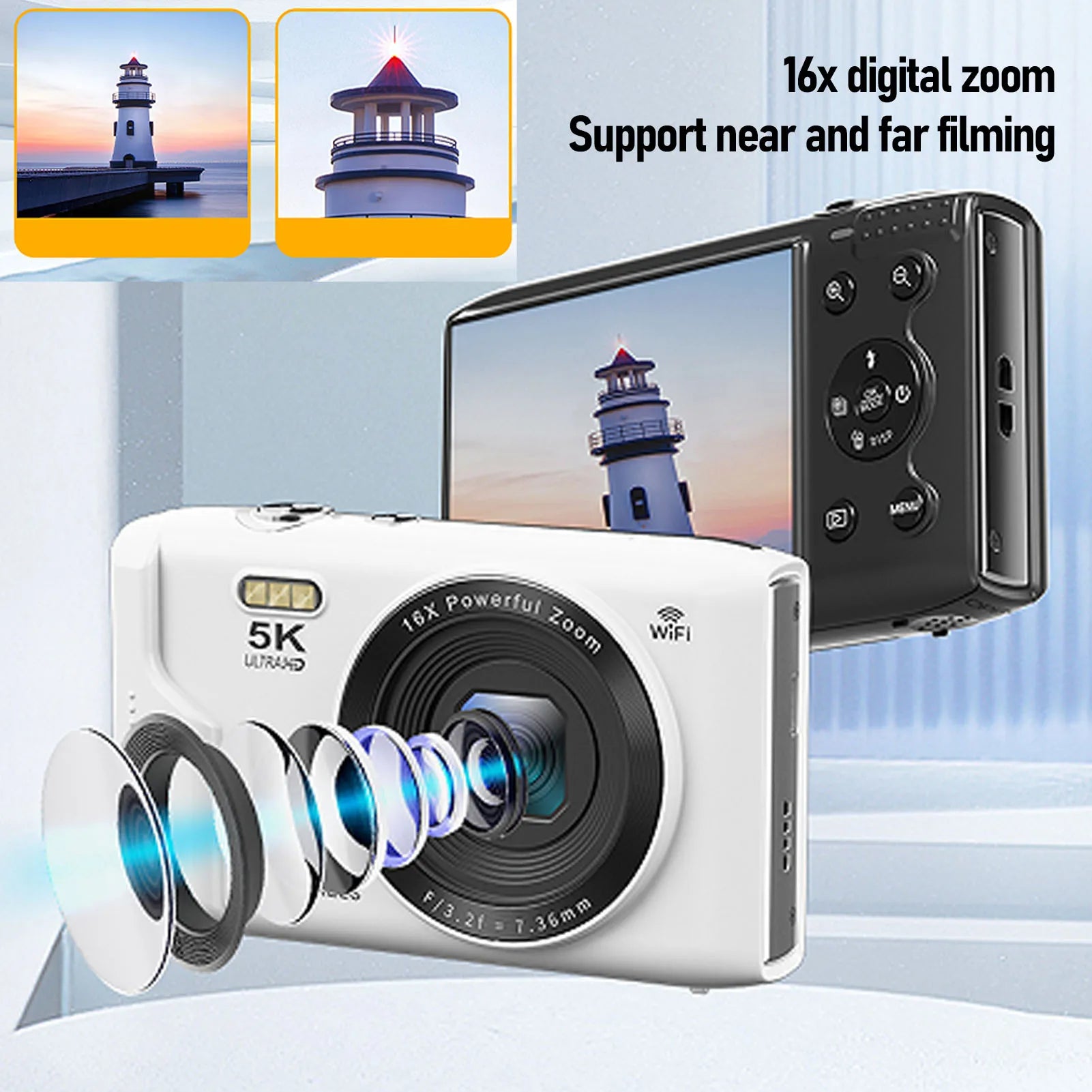 Vlog Travel Camera WiFi 5K Digital Camera AF Autofocus 1200mAh Battery 16X Zoom Portable 2.8 inch LCD Screen for Photography Oasis Select