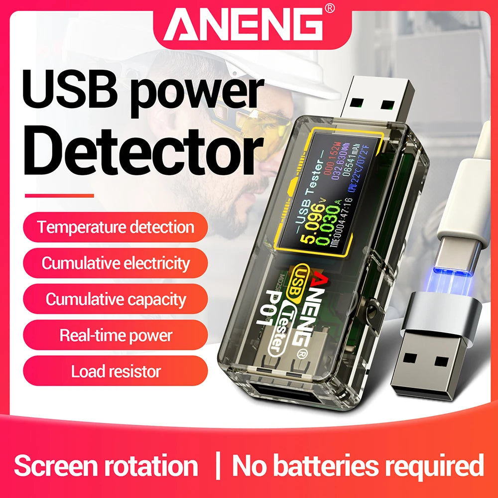 ANENG P01 USB Type-C Voltmeter Ammeter Capacity Tester High Precision DC 4-32V 0-6A Digital Power Bank Detector Tools Oasis Select