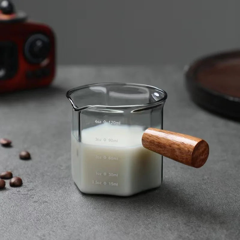 120ml Hexagon Wood Handle Glass Espresso Measuring Cup Milk Latte Jug Coffee Supplies Kitchen Mug Drinkware Double Bottom Oasis Select
