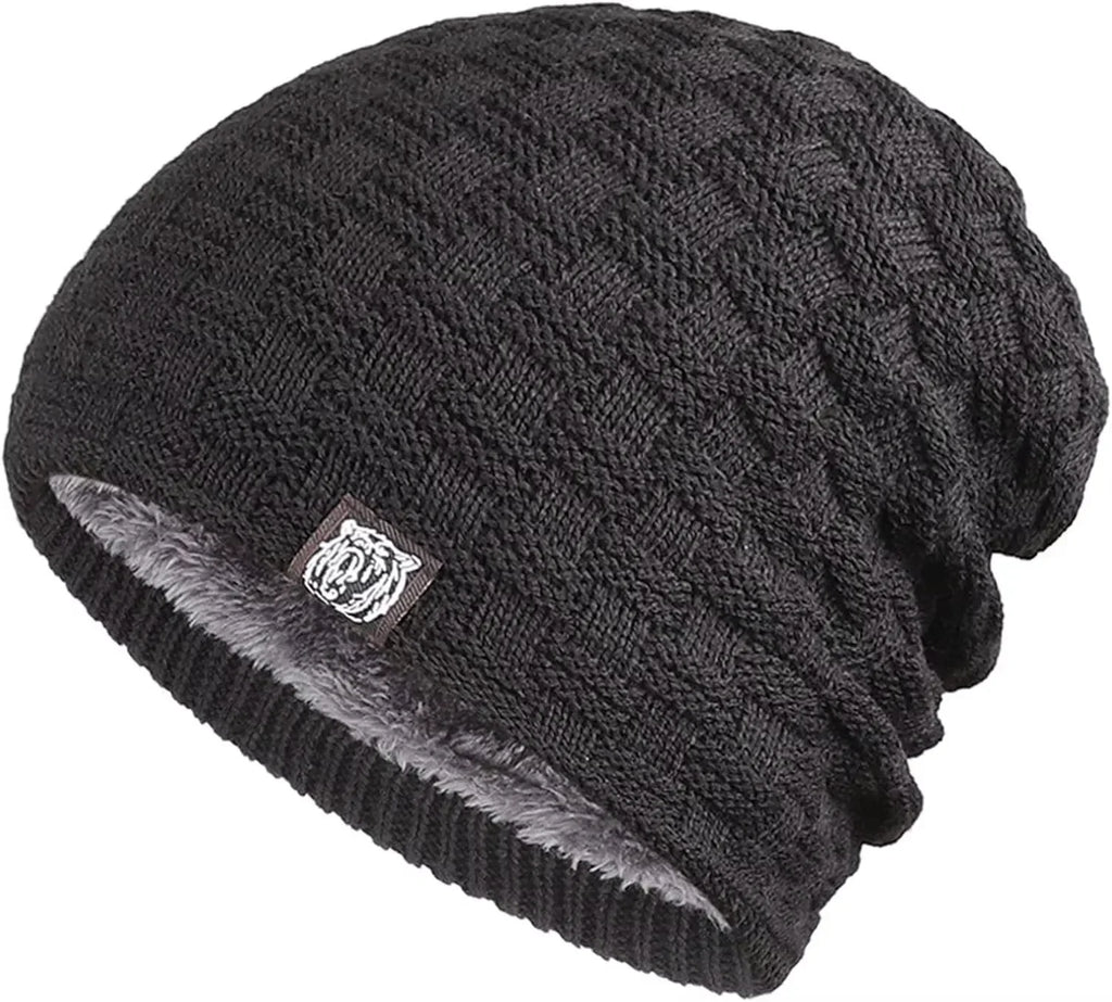 Mens Plush Lining Beanie Winter Hat Outdoor Sports Keep Warm Knitted Skully Hat Cycling Camping Cap Cold Weather Gear Oasis Select black