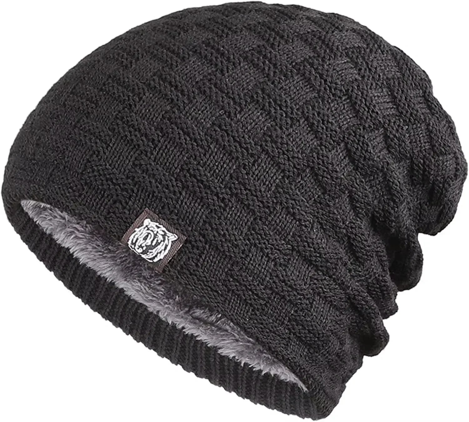 Mens Plush Lining Beanie Winter Hat Outdoor Sports Keep Warm Knitted Skully Hat Cycling Camping Cap Cold Weather Gear Oasis Select black