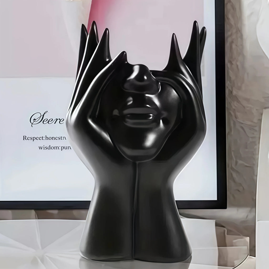 Makeup Brush Holder Pencil Holder - Unique Creative Human Art, Desktop Mounted Makeup Brush Storage Box, Decorative Resin Oasis Select black