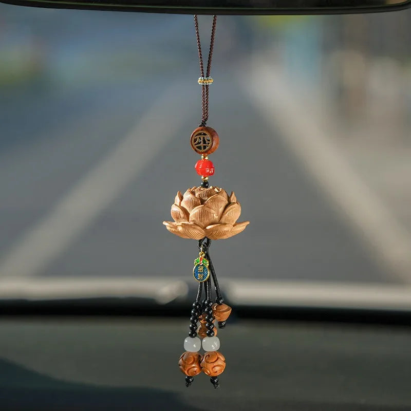 Lotus Car Hanging Ornament Peace Blessing Beaded Tassel Pendant Rearview Mirror Decor Charm For Auto Interior Festival Gift Oasis Select