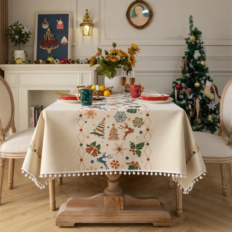Christmas Decoration Colorful Spun Jacquard White Ball Tablecloth Rectangular Tablecloth Festive Atmosphere Oasis Select 140x220cm A