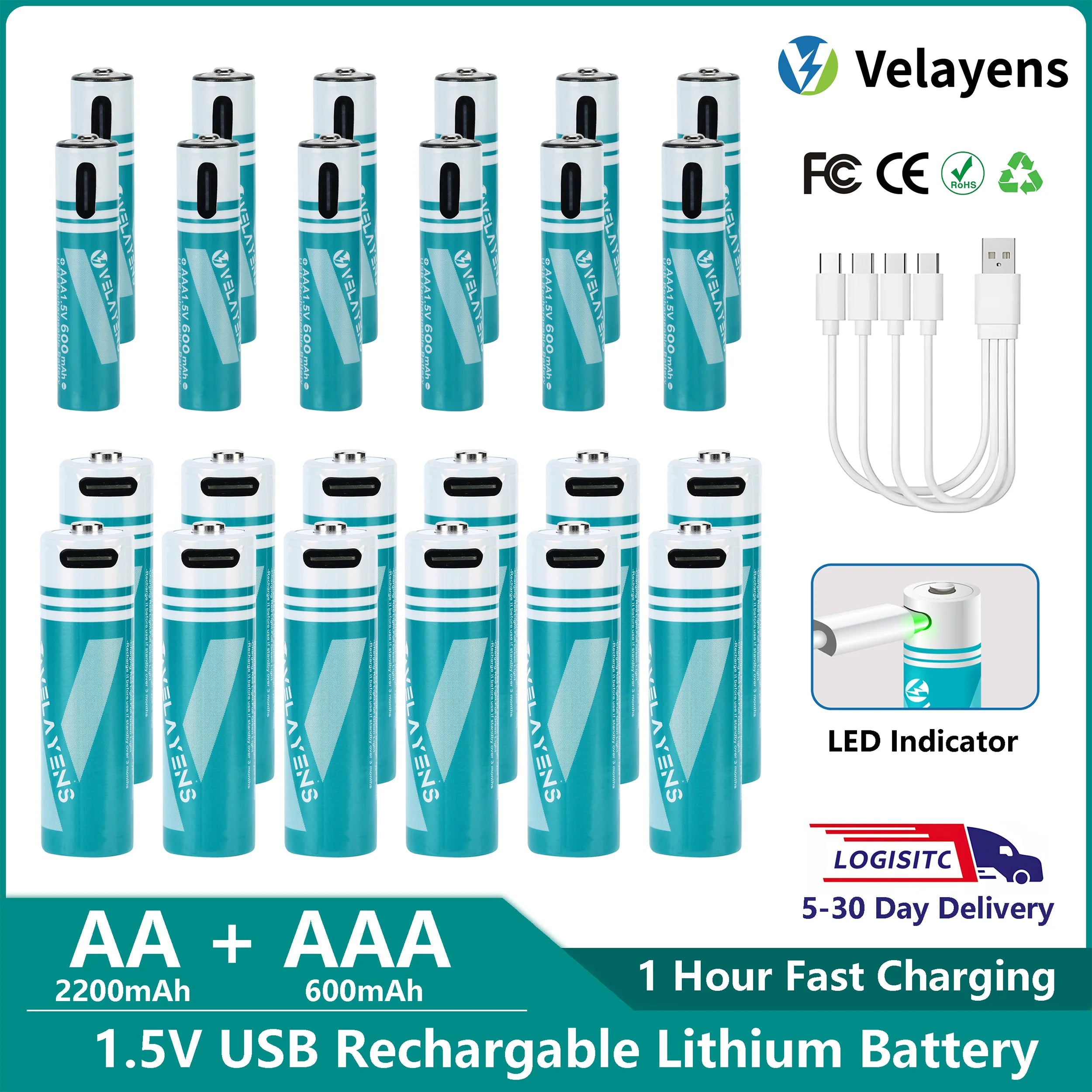 1.5V USB Rechargable Lithium Battery AA 2200mAh + AAA 600mAh Actual Capacity Fast Charging 2000+ Charge Cycles Oasis Select