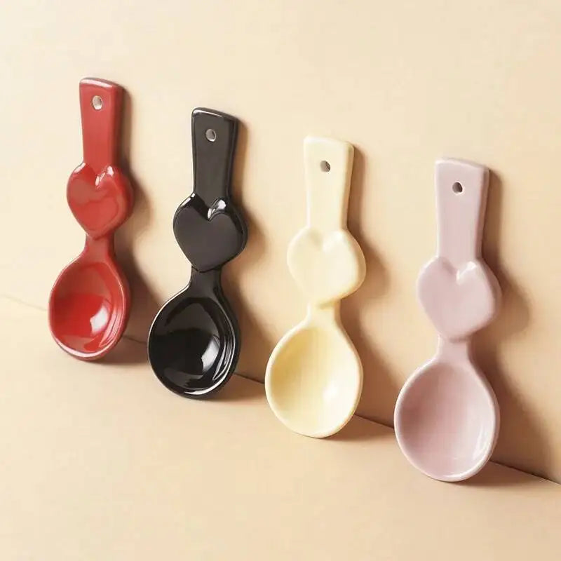 Heart Double Happiness Ceramic Spoon High Aesthetic Personality Red Pink Solid Color Dining Spoon Sweet Cake Long Handle Soup Oasis Select