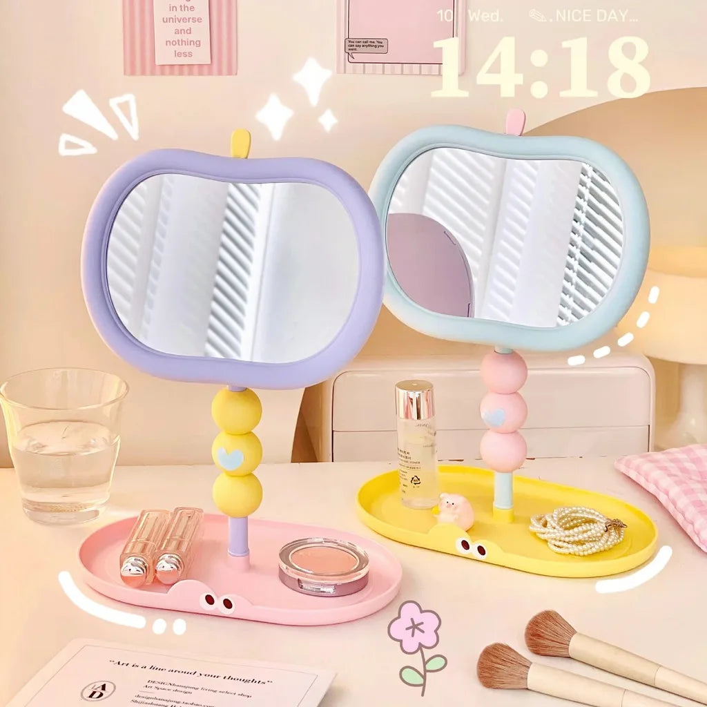 Cute Apple-Shaped Tabletop Vanity Makeup Mirror, HD Clear Adjustable Rotating Mirror With Storage Tray For Dorm Bedroom Oasis Select