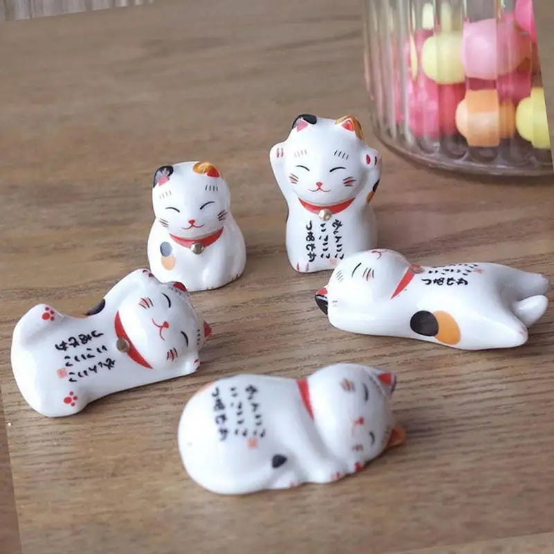 Lucky Cat Chopsticks Rest Household Ceramic Ornament 5Pcs Japanese Style Ceramic Chopsticks Holder Kitchen Craft Home Decor Oasis Select