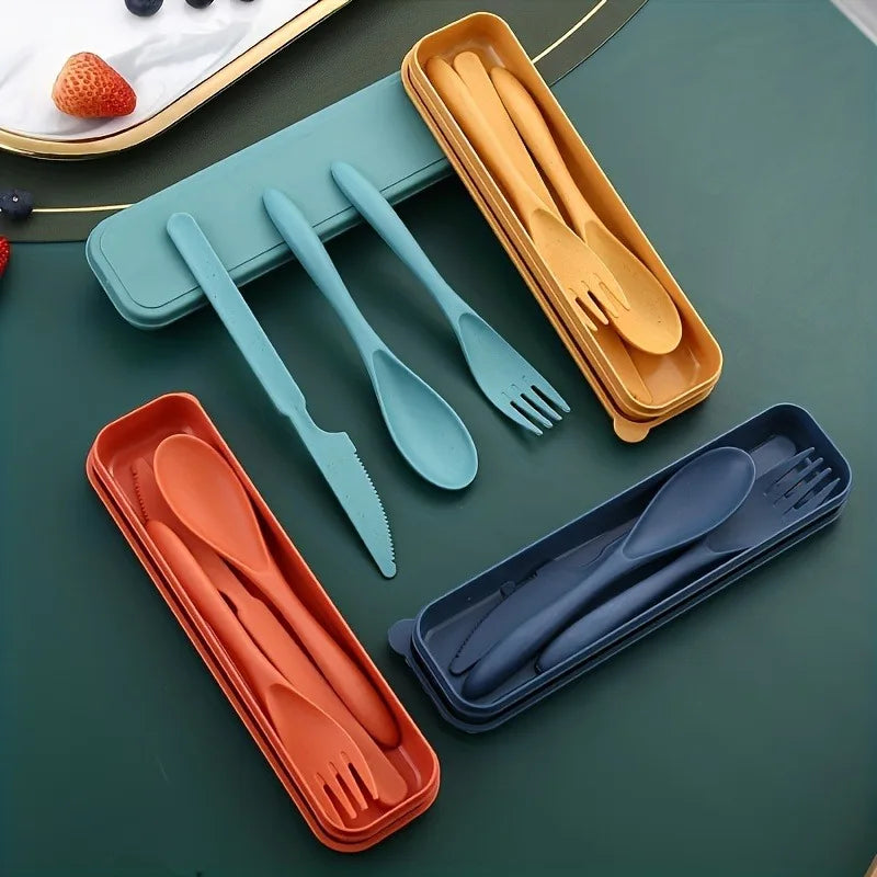 3In1 Portable Cutlery Set Reusable Home Travel Utensil Set Fork Spoon Knife with Box Dinnerware Set Picnic Camping Tableware Oasis Select