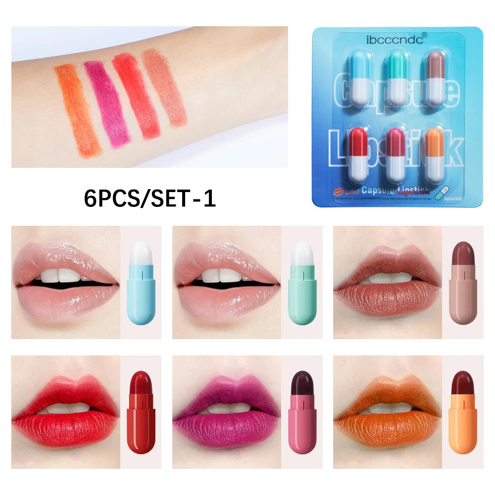 6pcs/set Mini Cute Capsule Lipstick Set with Lip Balm Moisturizing Waterproof Non-stick Cup Carry Pill Lipstick Lips Makeup Gift Oasis Select set 1