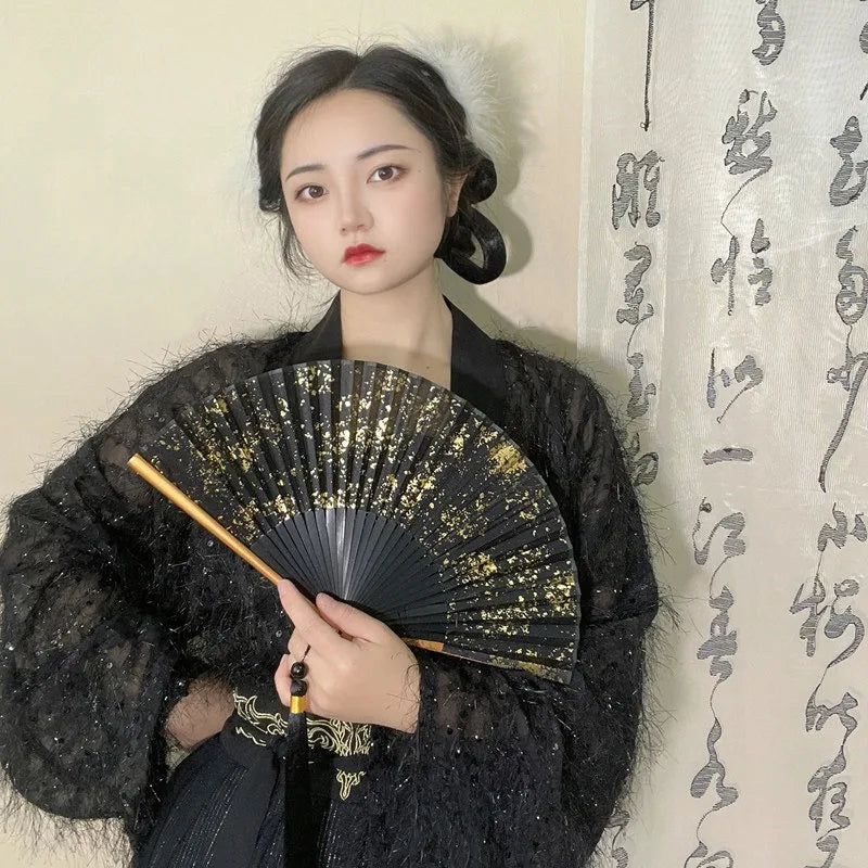 Gold Sprinkled Silk Folding Fan 6 Inch Pocket Size Sino Japanese Style Classic Handheld Decor for Ladies Daily Wear Oasis Select