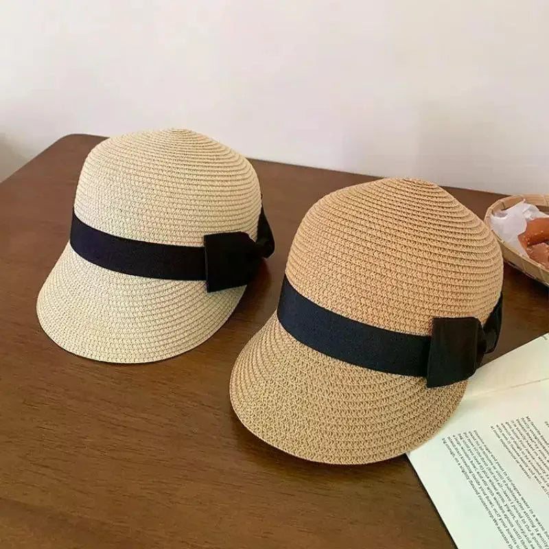 Women's Summer Straw Hat French Flat Top Vintage Bow Sun Visor Cap For Outdoor Travel Beach Vacation Sunscreen Headwear Oasis Select
