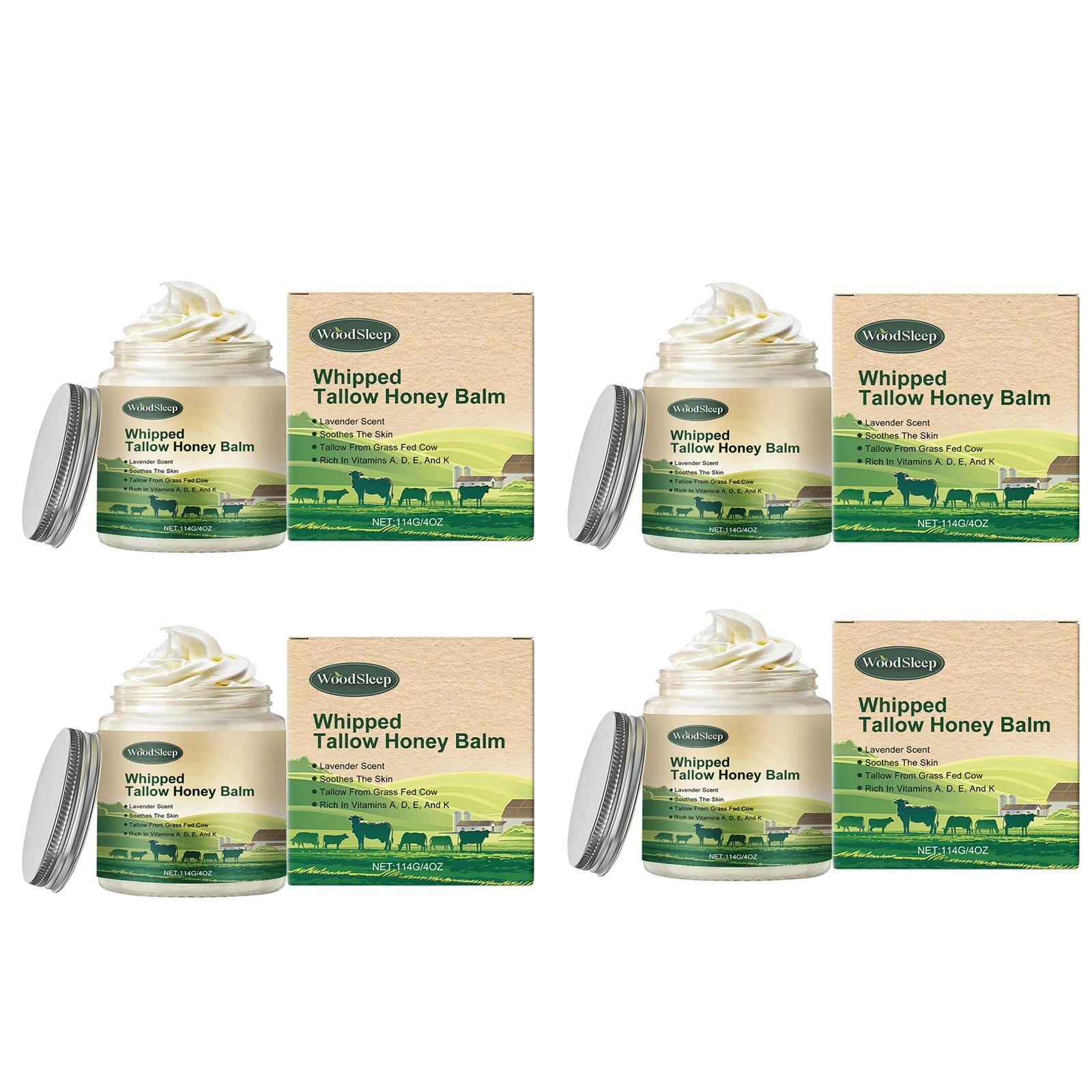 WOODSLEEP Beef Tallow & Honey Body Cream | Deep Moisturizer Body Moisturizer Cream Oasis Select 4 X 114g boxed