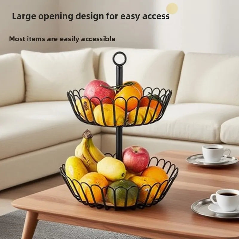 Kitchen double-layer fruit basket removable wooden bottom fruit plate hand basket living room wrought iron candy snack plate Oasis Select