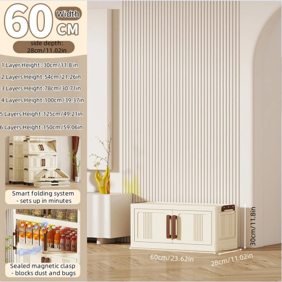 Foldable storage cabinet - movable multi-level double-door storage cabinet - living room and kitchen transparent storage box Oasis Select 1Tier Cream no wheel