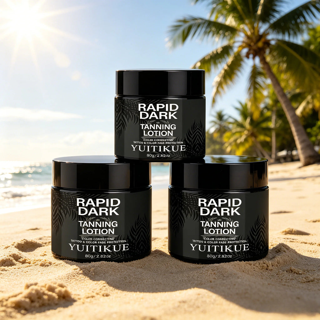 YUITIKUE Rapid Dark Tanning Lotion 80g – Color Correcting Self Tanner for Natural Bronze, AC Room Tan, Healthy Even Glow Oasis Select 3pc