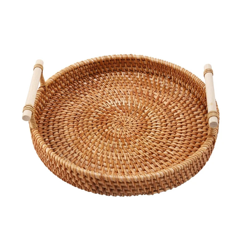 WISH Rattan Storage Tray, Round Basket With Handle, Hand-Woven, Rattan Tray Wicker Basket Bread Fruit Food Breakfast Display L Oasis Select picture color
