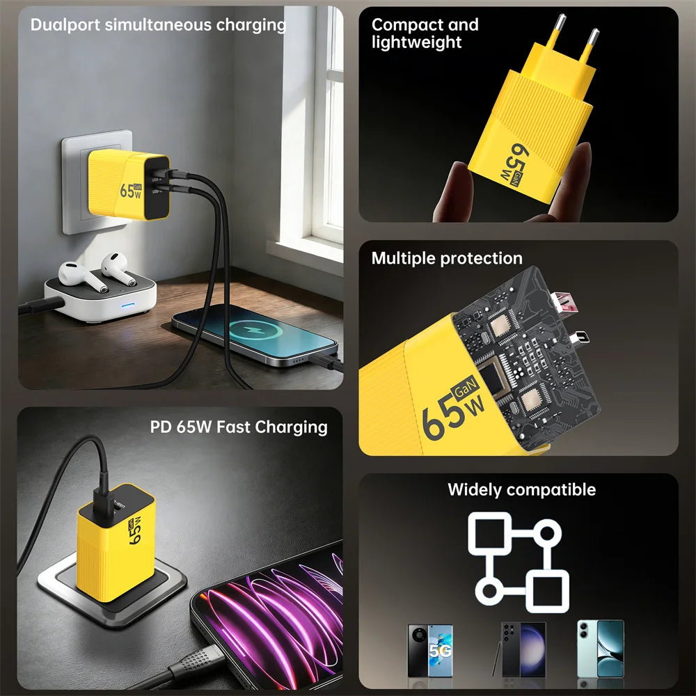 PD 65W USB C Charger GaN Fast Charging Wall Charger For iPhone Samsung Xiaomi Quick Charge EU/US/UK Plug Phone Charger Adapter Oasis Select
