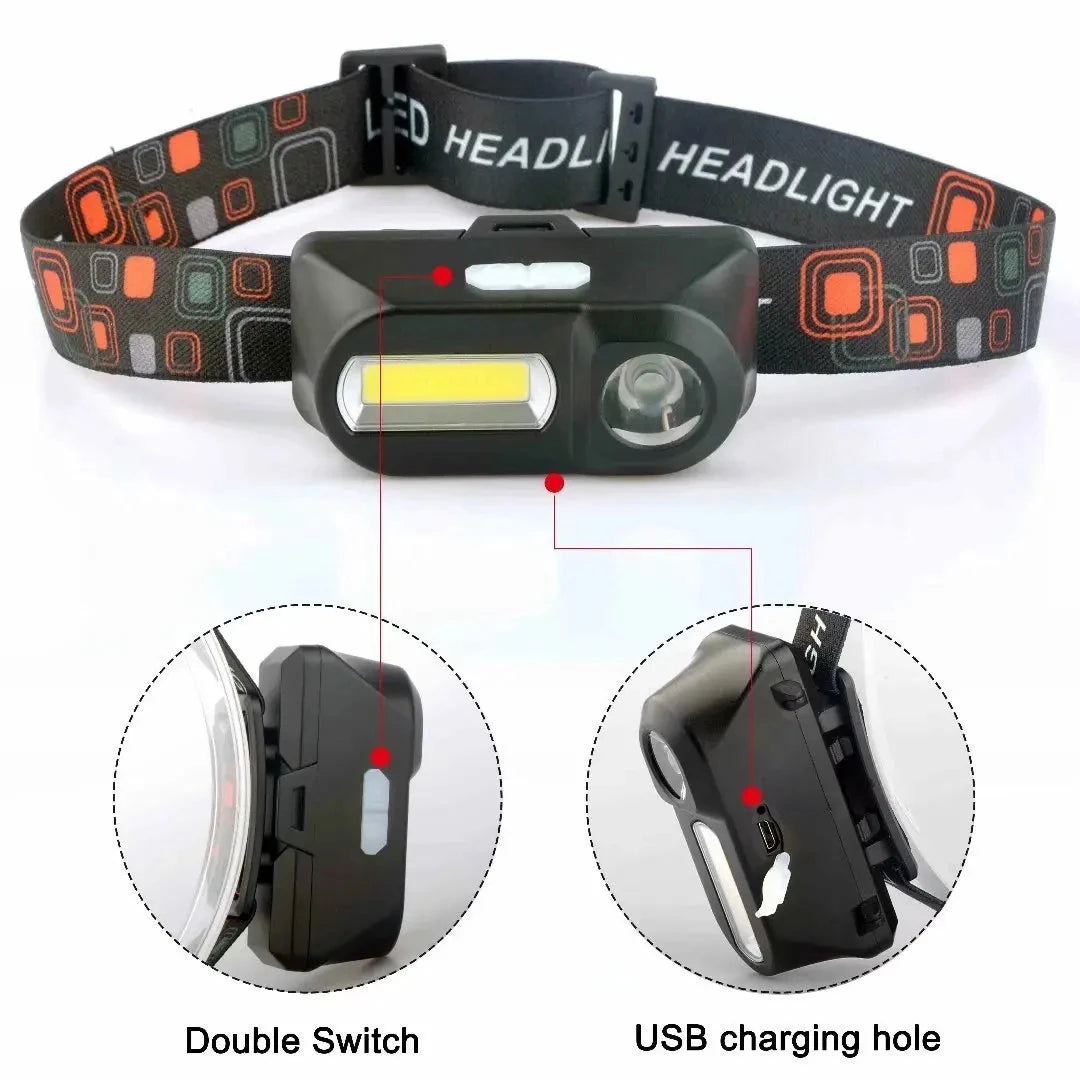 Mini Portable XPE+COB Headlamp Dual Light Source USB Rechargeable Use 18650 Battery Outdoor Camping Fishing Headlight Oasis Select