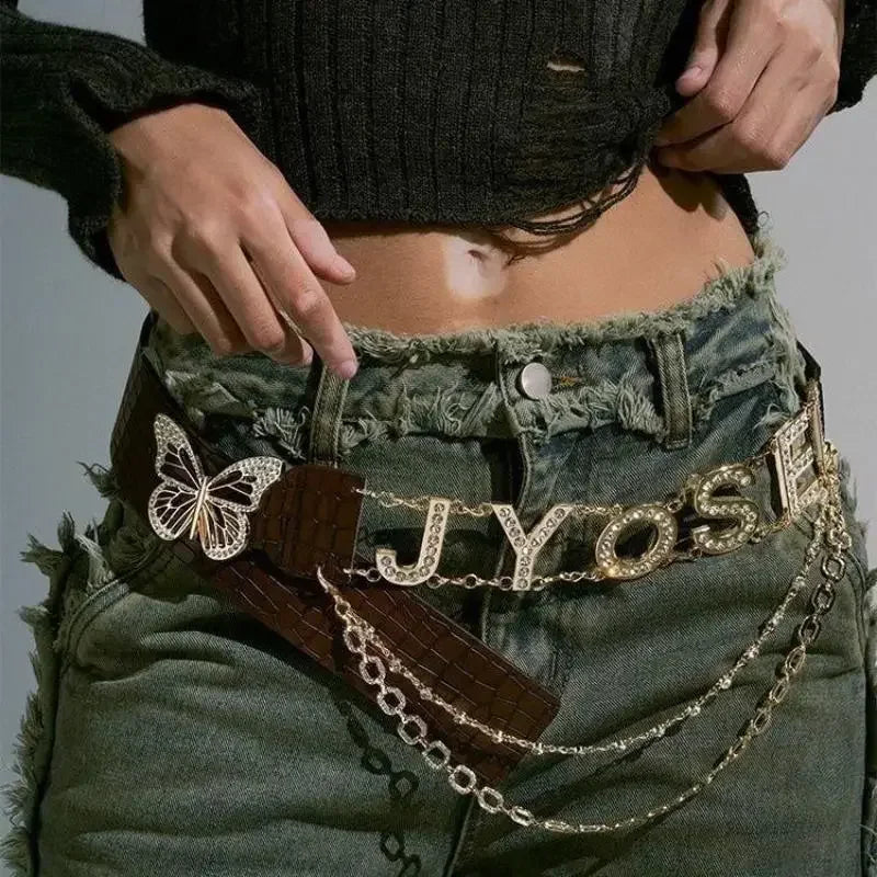 Rhinestone Y2K Letter Belt – PU Butterfly Chain Women's Belt Fashion Belt Oasis Select