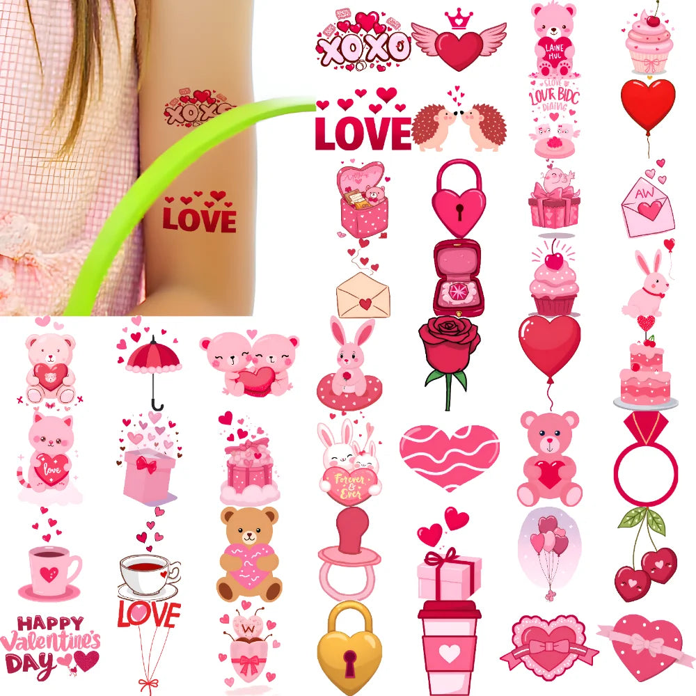 63pcs Waterproof Temporary Tattoo Stickers – Hearts, Bears & Balloons