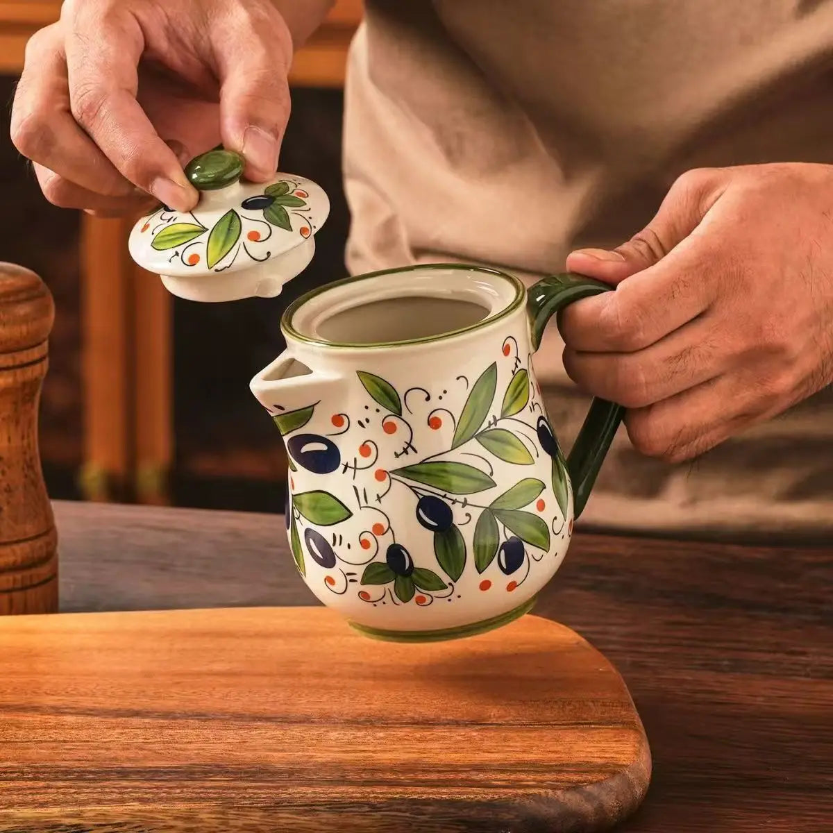 Olive Green Ceramic Flower Oil Pot Home Use Large Capacity Oil Bottle Soy Sauce Olive Oil Storage Container Kitchen Accessories Oasis Select